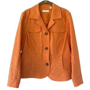 Coldwater Creek Orange Embroidered Brocade Print Blazer Jacket Size 16